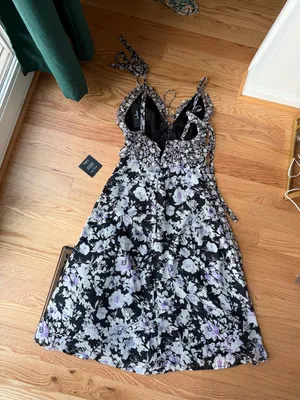 Lulus NWT Black Lavender Floral Ruffle Tie Strap Maxi Dress S thumbnail 8