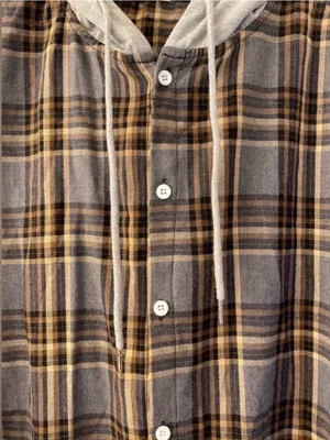 Women’s Plaid Hooded Button-Up Shirt Jacket in Gray and Brown thumbnail 2