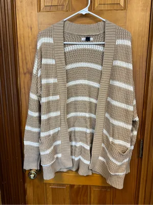 American Eagle Tan & White Striped Open Front Knit Cardigan Sweater Size S thumbnail 2