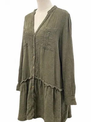 Maeve Anthropologie Olive Cotton Gauze Button Front Tiered Tunic Dress Size 12 thumbnail 2