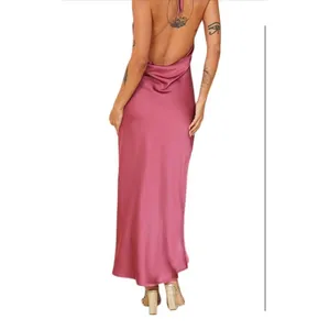 NEW Rose Satin Halter Neck Backless Slit Cowl Back Ruched Maxi Dress M thumbnail 2