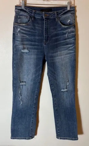 Risen Los Angeles Distressed Straight Leg Jeans Medium‎ Wash Raw Hem Size 29/9 thumbnail 1