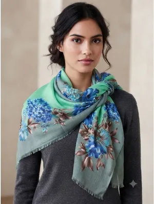 Green Fantasy Scarf Blue Floral Print Viscose‎ Lightweight Wrap Eyelash Fringe thumbnail 1