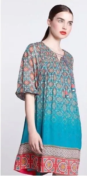Anthropologie Tanvi Kedia Glimmering Ankita Dress Boho Teal Beaded S thumbnail 1