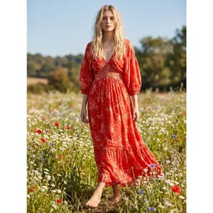 Free People Golden Hour Maxi Dress Cherry Red Small Bohemian Gypsy Floral 70s thumbnail 3