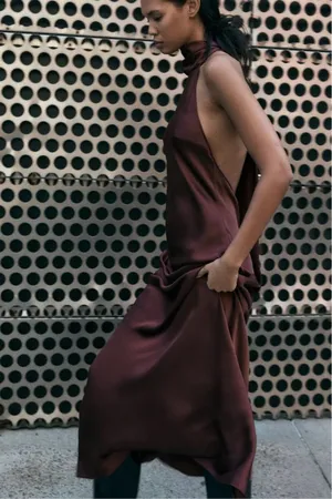 Zara maxi halter scarf satin Elegant Burgundy Brown Evening Wedding Dress thumbnail 13