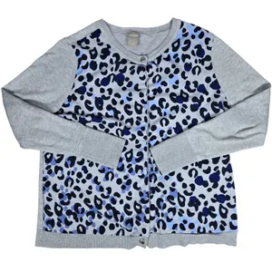 Chico's Grey Blue Leopard‎ Print Mixed Media Button Front Cardigan Sweater M thumbnail 4