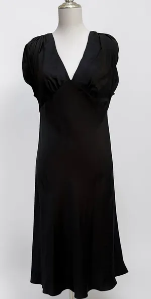 Zara Woman 100% Silk‎ Midi Dress Large Blank V-Neck Rouch Sleeve Slip Classy LBD thumbnail 1