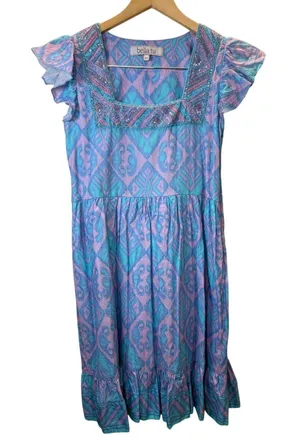 Bella Tu Ikat Mini Dress Womens XS Blue Purple Beaded Square Neck Flutter Sleeve thumbnail 1