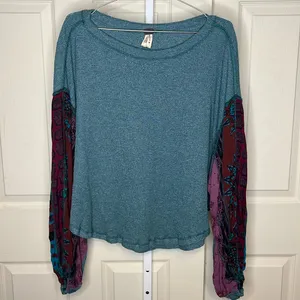 We The Free Oversized Waffle Knit Top Boho Patchwork Sleeves Sz S thumbnail 3