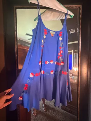 Umgee Blue Embroidered Floral Swing Dress Size M Boho Sleeveless Sundress thumbnail 2