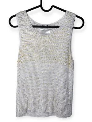 Valenti Vintage Crochet Knit Hand-Beaded Sequin White sleeveless Tank Top Size S thumbnail 3