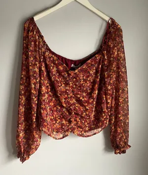NWT BB Dakota Long Sleeve Orange floral Print Long Sleeve 70s Style Blouse sz XL thumbnail 1