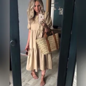 ZARA Asymmetric Puff Sleeve Tiered Cotton Poplin Midi Dress‎ in Camel Size XS thumbnail 8