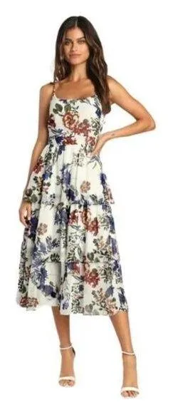 Lulus Romantic Visionary White Floral Sleeveless Tiered Midi Dress-LG thumbnail 1