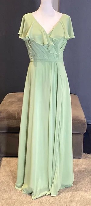 Women’s Full Length Green Chiffon Ruffle Dress Corset Back Leg Slit Size 12 thumbnail 1