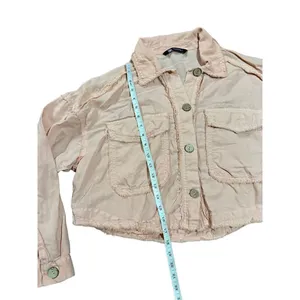 Zara Cropped Linen‎ Blend Jacket Peach Pink Frayed Raw Hem Utility sz M thumbnail 8