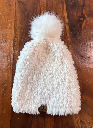 CC‎ Beanie Womens Cream Faux Fur Sherpa Pom Pom Beanie Hat Off White Winter thumbnail 1