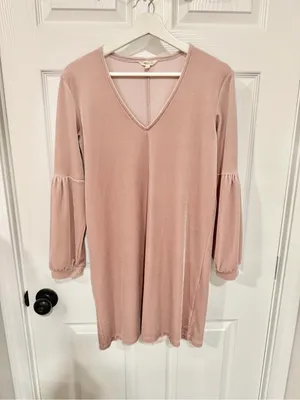 Madewell XS Dusty Rose Pink Velvet Mini Shift Dress V Neck Balloon Sleeve thumbnail 2