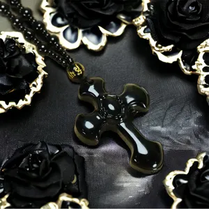 1pc Classic‎ Religious Style Christian Cross Fashion Obsidian Pendant Necklace thumbnail 7