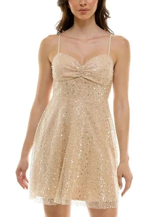 NWT Emerald Sundae Glitter Sequin Sleeveless Fit & Flare Dress Champagne Brown L thumbnail 1