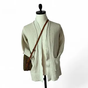 Max & Mia‎ Womens Cream 100% Cotton Shaker Knit Open Front Cardigan Sweater L thumbnail 2