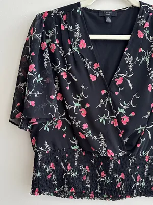 Haver London Smocked Waist Floral Flowy Blouse, Black/Pink, Size Large thumbnail 2