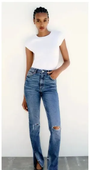 Zara Full length Ripped High Rise TRF Slim Fit Straight Leg Jeans size 4 thumbnail 1