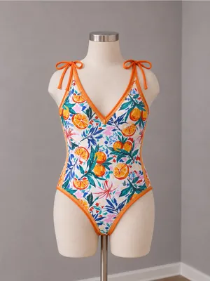 #S49 Women's Orange Trim Citrus Print One-Piece Swimsuit - SMALL thumbnail 3