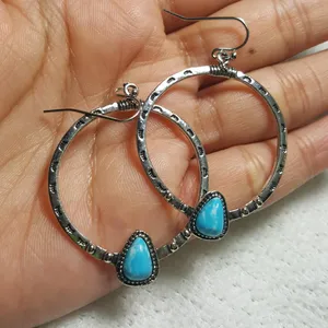 Silver Plated Turquoise Hoop Earrings thumbnail 1