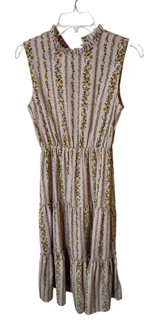 Moon‎ River Pink Floral Stripe Ruffle Neck Tiered Sleeveless Midi Dress Small thumbnail 1
