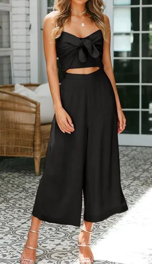 Avalebeti Black Wide-Leg Crop Jumpsuit Romper with Bow Front and Cut Out Size M thumbnail 1