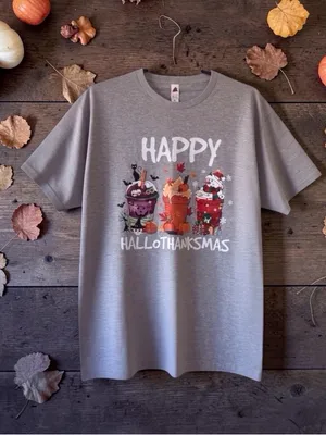 Source Unknown Happy Hallothanksmas Graphic Tee XL Halloween Thanksgiving Christmas brand new thumbnail 3