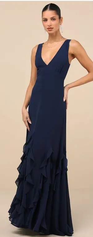 Lulus Alorna Dark Navy Sleeveless Ruffled Maxi Dress Size XL NWT Whimsical Gala thumbnail 1