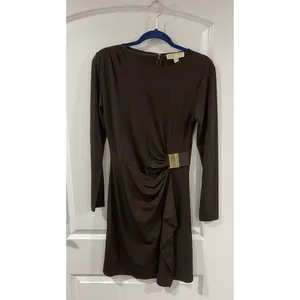 Michael Kors Faux Wrap Dress Brown Gold MK Buckle NWT M thumbnail 3