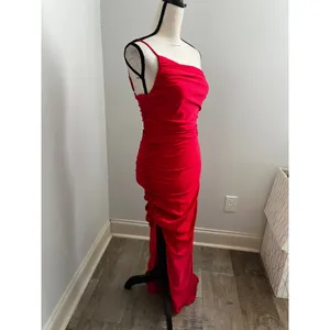 Lulus One Shoulder Maxi Dress Red Satin Asymmetrical Hem sz Small Party Wedding thumbnail 12
