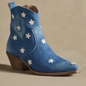 NEW Sundance Western Sojourner Boots Women’s 38 8 Denim Cowgirl Boho Made Italy thumbnail 1