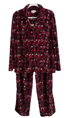Cabernet‎ Red Long Sleeve Notch Collar Paisley Print Fleece Pajama Set Women's L thumbnail 1