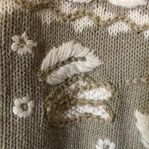 Vintage 90s Tan Floral Embroider Knit Gold poms Cottagecore Grandmacore Sweater thumbnail 12