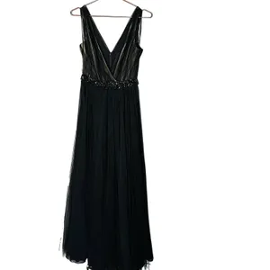 Badgley Mischka Black pleated Tulle Chiffon V-neck Gown size 2 thumbnail 4