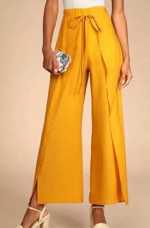 Lulus Bright and Breezy Marigold Tie-Front Culotte Side Slit Pants thumbnail 1