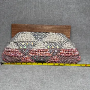 Fabulous MJ New York Knit Sequin Wood Frame Clutch Bag Pink Cream‎ Boho Unique thumbnail 3