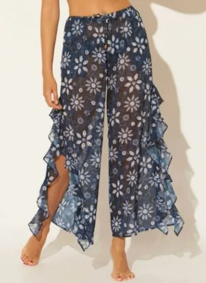 Bleu Rod Beattie Split Leg Swimsuit Coverup Pants Sheer Beach Floral Ruffle Med thumbnail 1