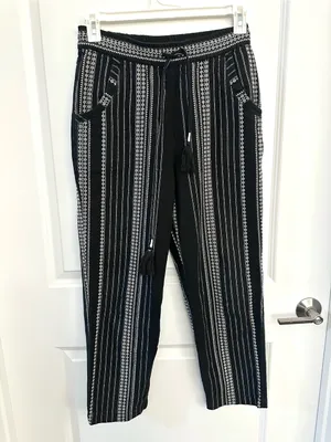 Anthropologie Essential Cotton Weave Drawstring Beach Pants Black & White Small thumbnail 4
