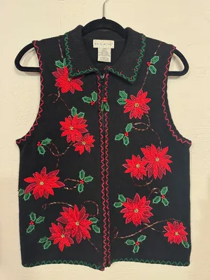 Vtg Women Ugly Christmas Sweater Vest Zip Up Poinsettia Embroidered Beaded 4/6 thumbnail 13