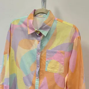 Peppermayo Pastel Abstract Swirl Linen Blend Button Down Shirt US 4 Pink Yellow thumbnail 3