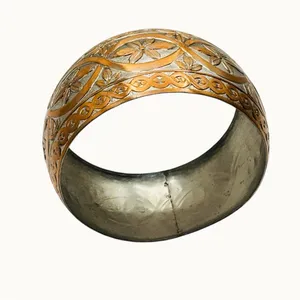 Vintage Etched Wide Bangle Bracelet Floral Scroll Copper and Silver Tone thumbnail 2