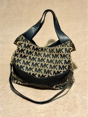 Michael Kors MK Signature Jacquard Hobo Shoulder Bag Black Beige Gold thumbnail 9
