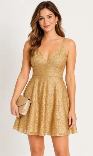 Dress the Population Gold Metallic Lace V Neck Fit Flare Cocktail Mini Dress S thumbnail 1