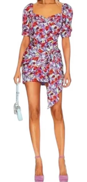 For Love & Lemons Chiara Purple Floral Ruched Puff Sleeve Mini Dress Size Medium thumbnail 1